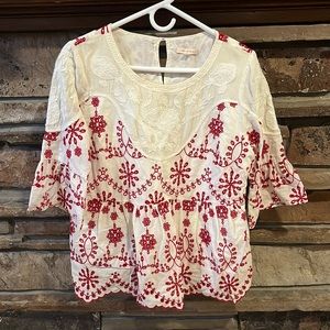 Skies Are Blue Cream and Red Embroidered Peplum Blouse